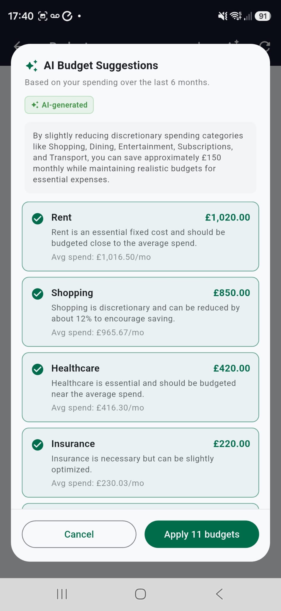 ExpenzX AI-suggested budgets on the mobile app